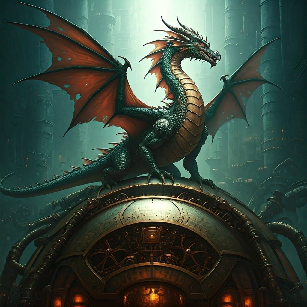 Steampunk Dragon in Mystical World, Industrial Futurism