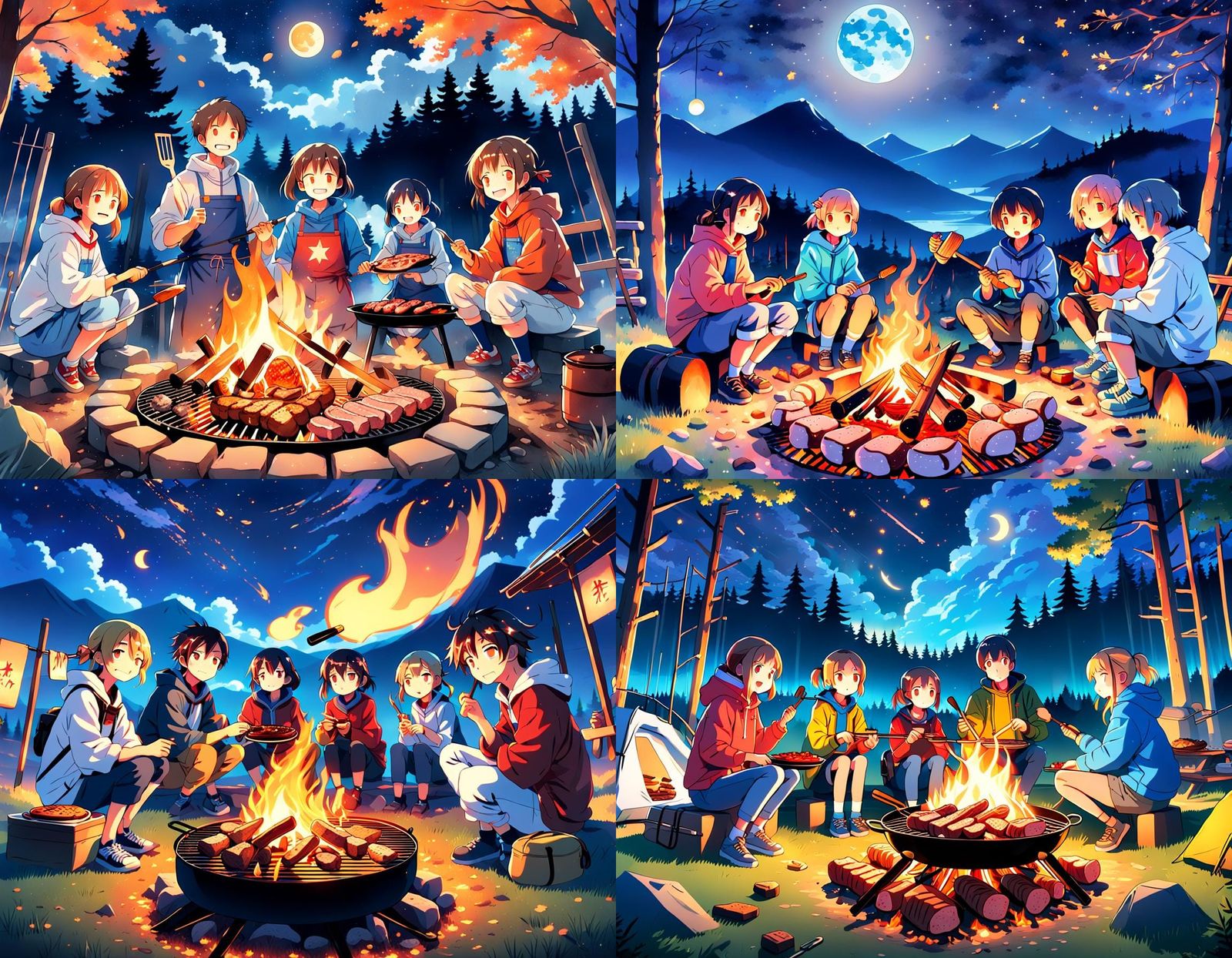 Happy Campers Chatting Around Campfire: Anime Art