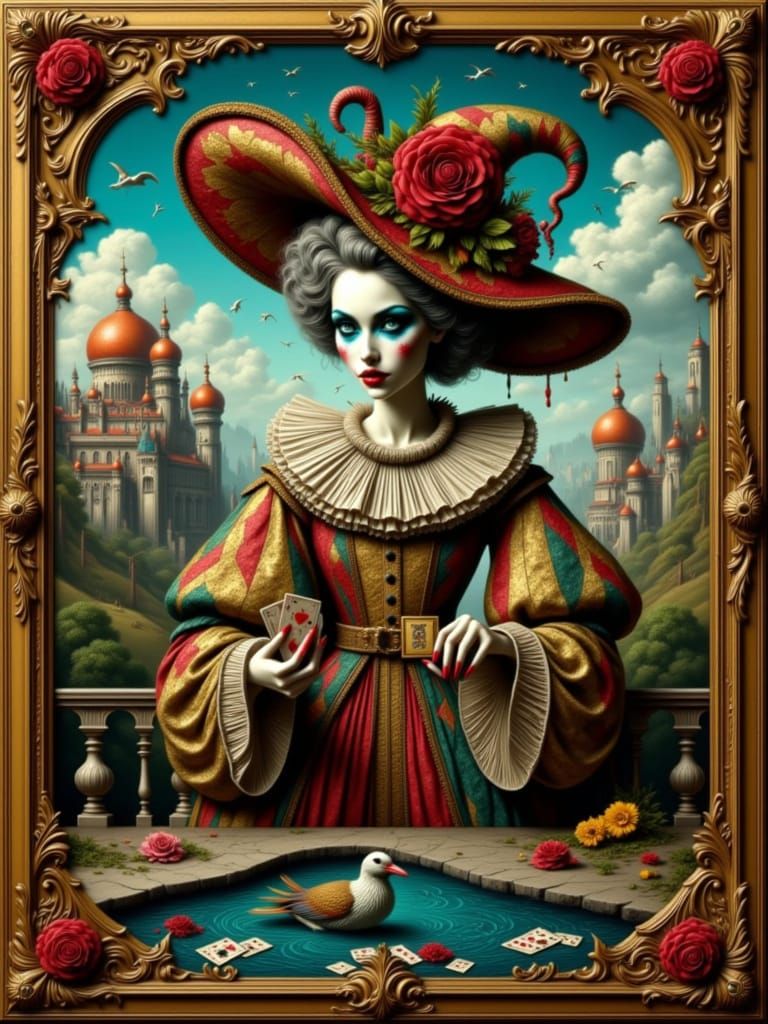 Surreal Renaissance Jester with Ornate Costume and Castle