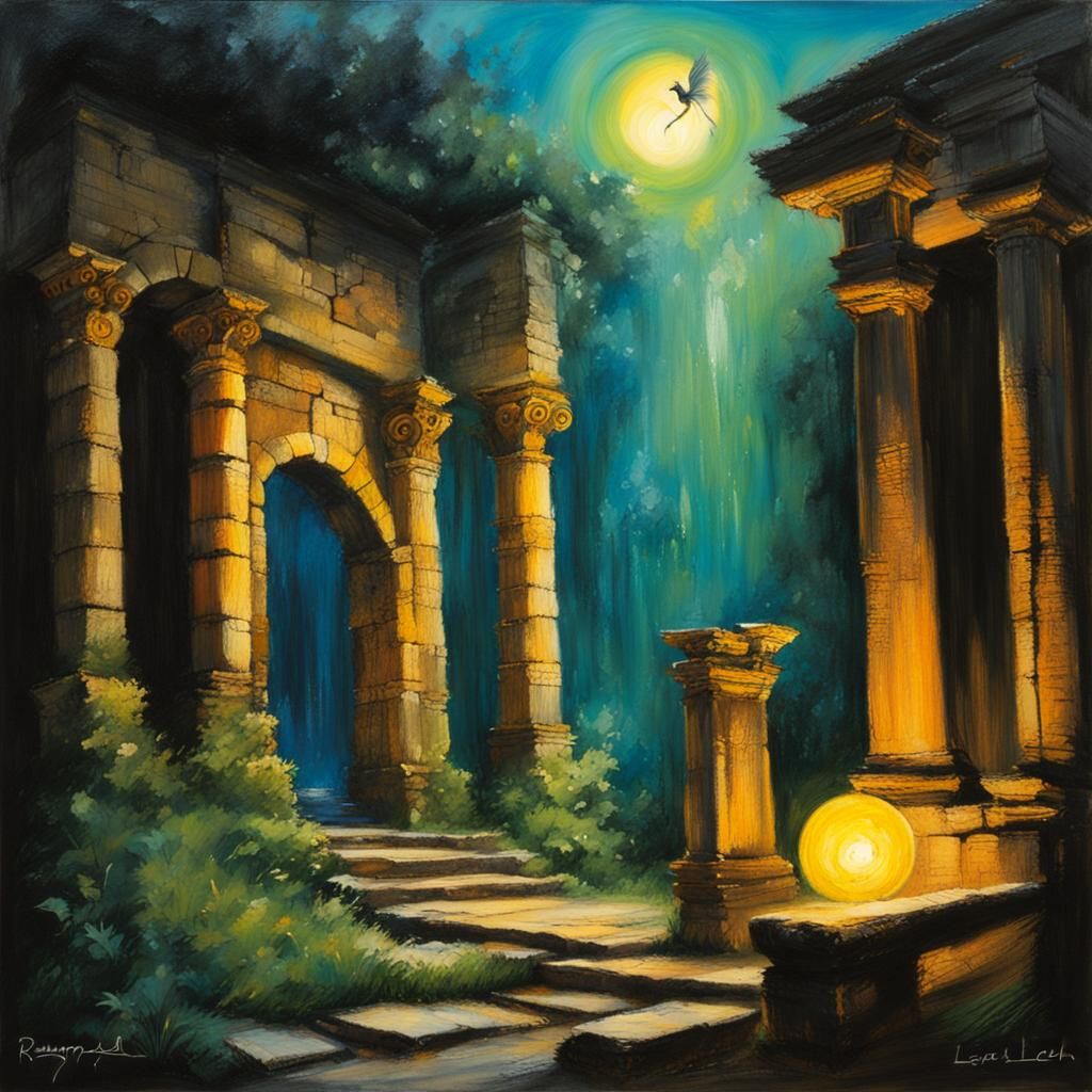Fairy Lantern in Ancient Ruins: Oil Pastel Art