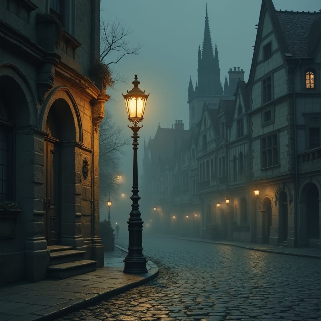 Golden Lamppost Illuminates Deserted European Town Square
