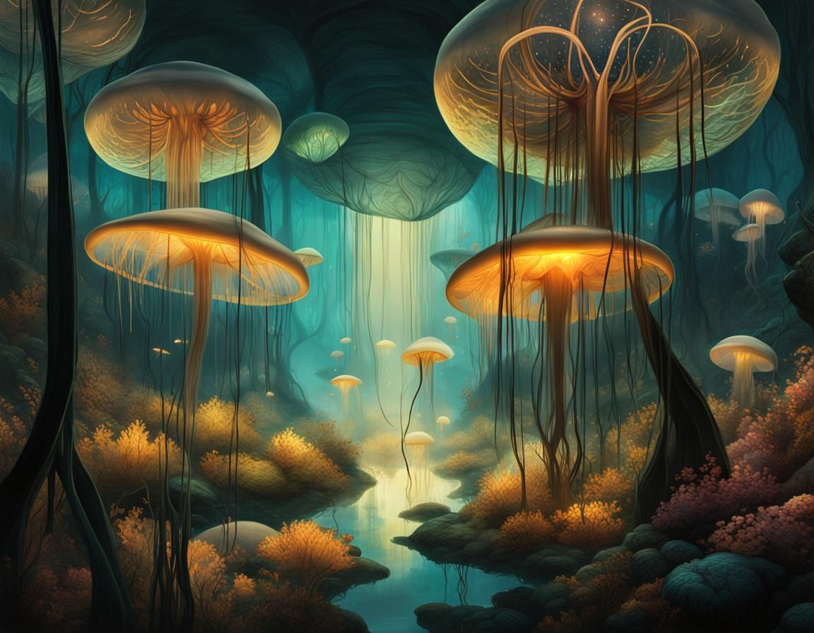 Bioluminescent Jellyfish in Surreal Underwater Fantasy