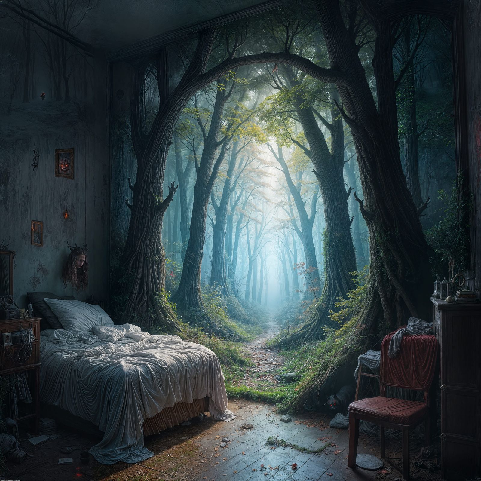 Epic Mythical Forest Portal in a Messy Bedroom