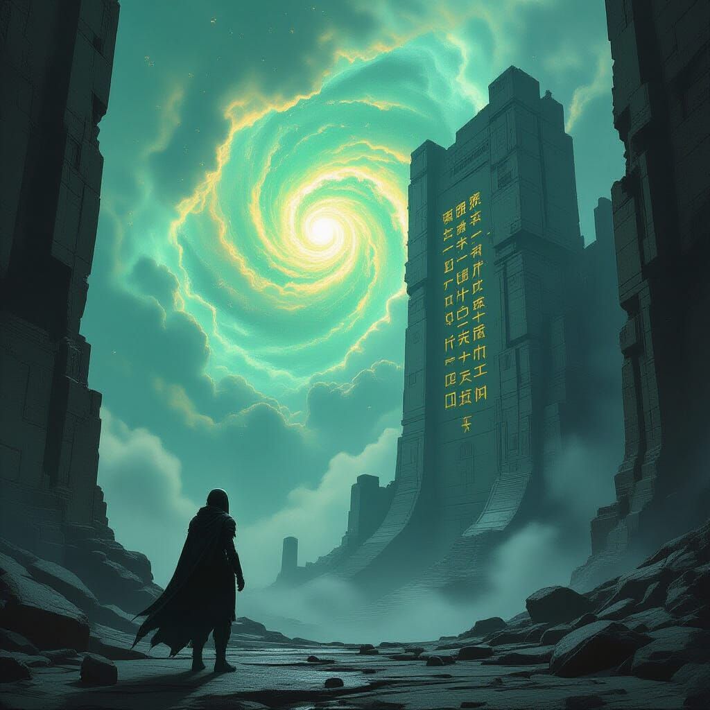 Cyborg Huntress in Alien Ruins Under Nebula