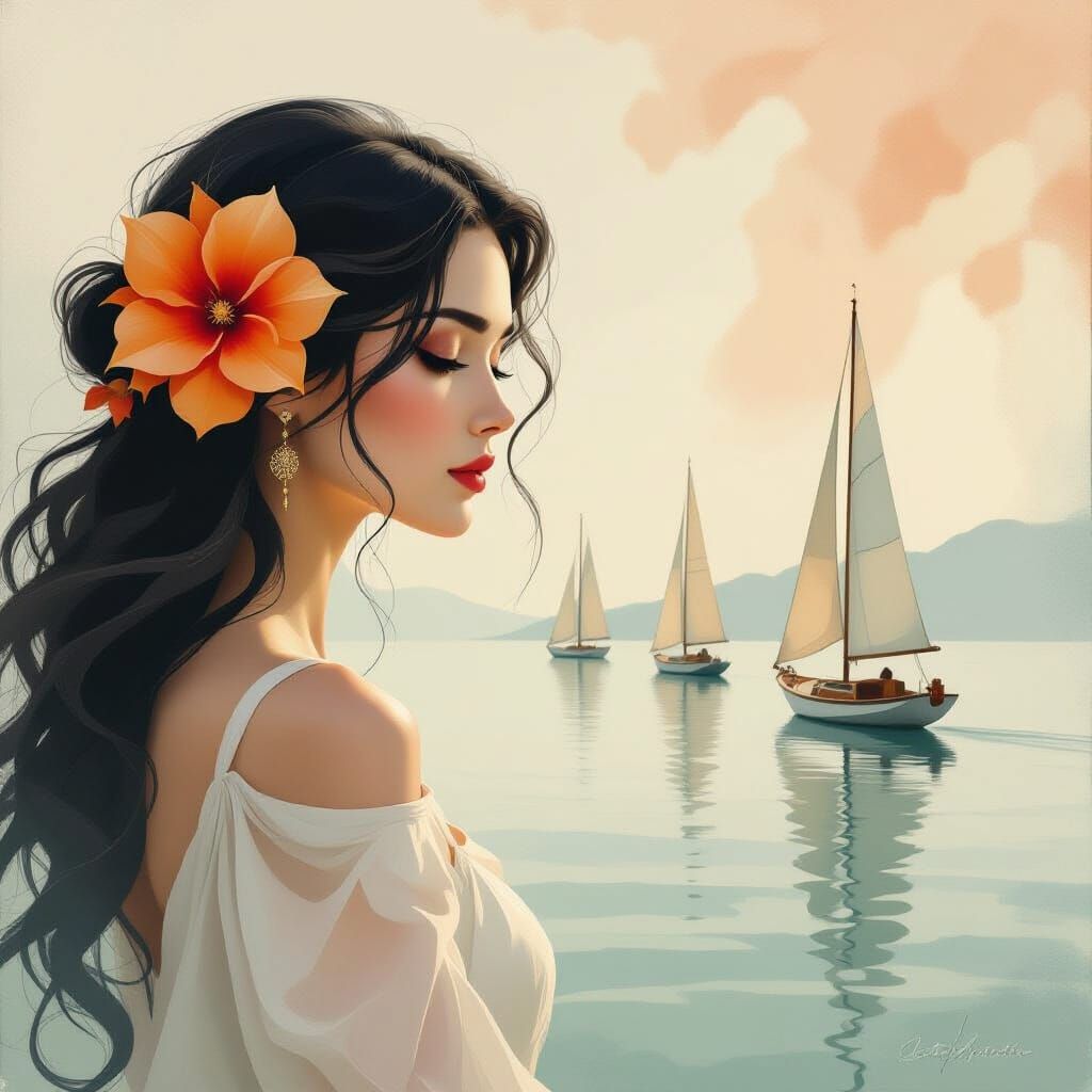Ethereal Woman Gazing at Sailboats in Dreamy Harbor