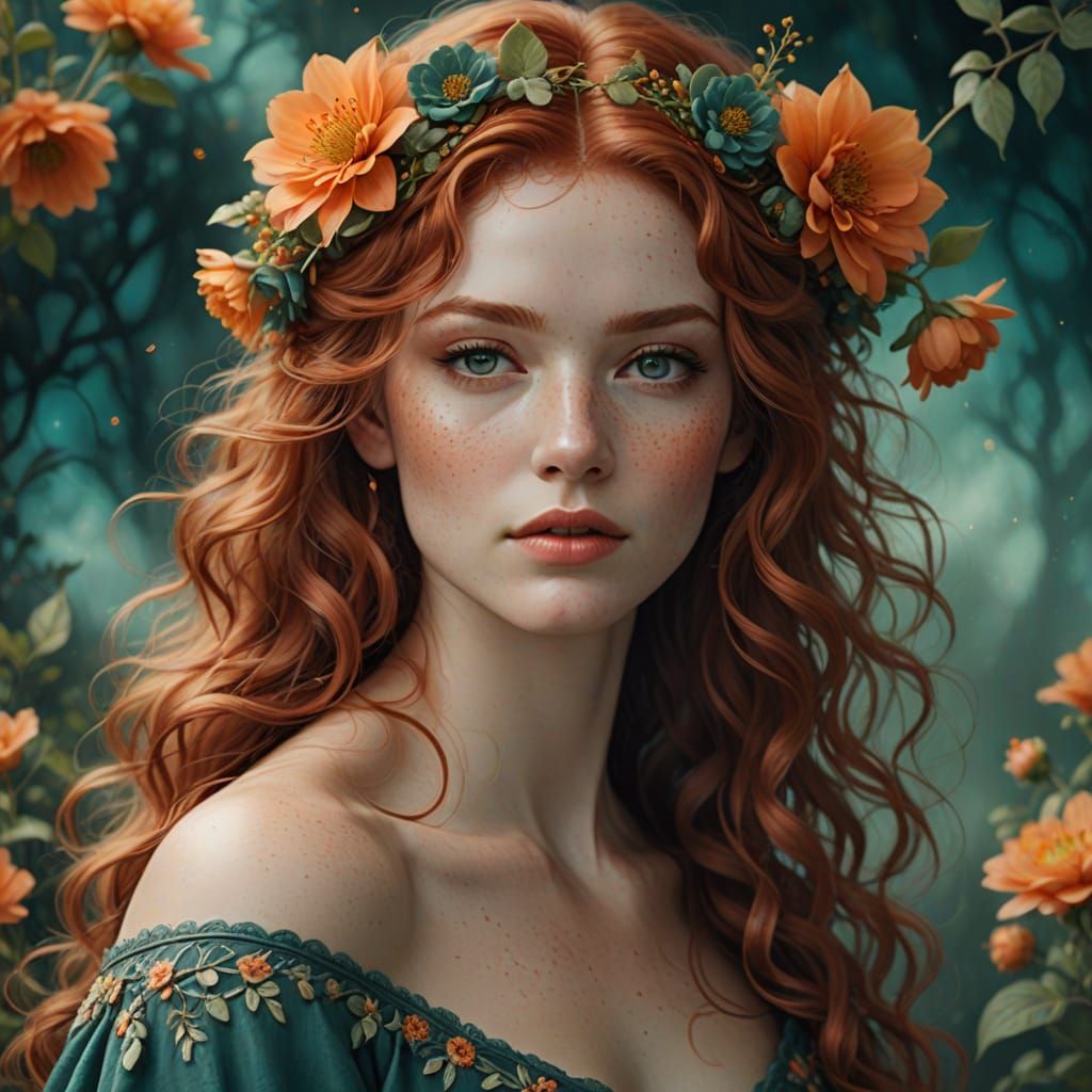 Ethereal Beauty: Fair Skinned Redhead in Whimsical Florals