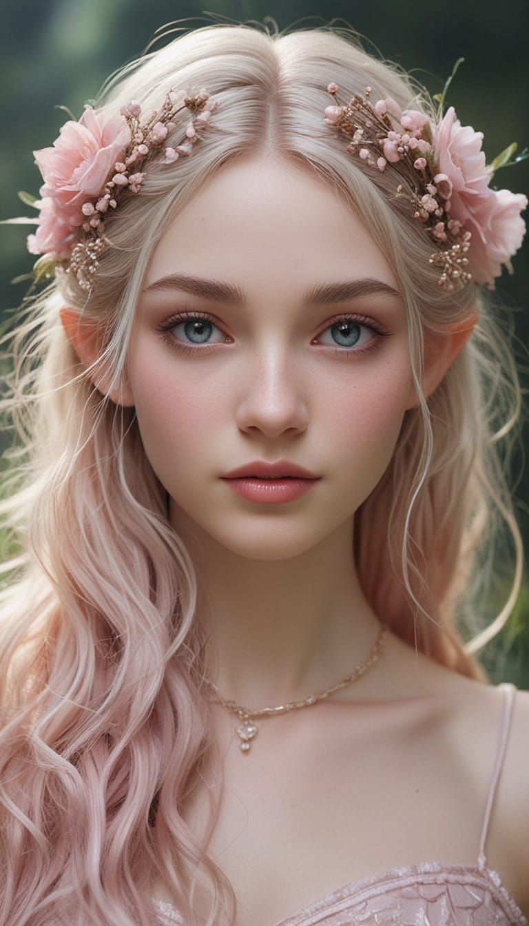 Enchanting Elven Woman with Pink Eyes and Vampire Fangs