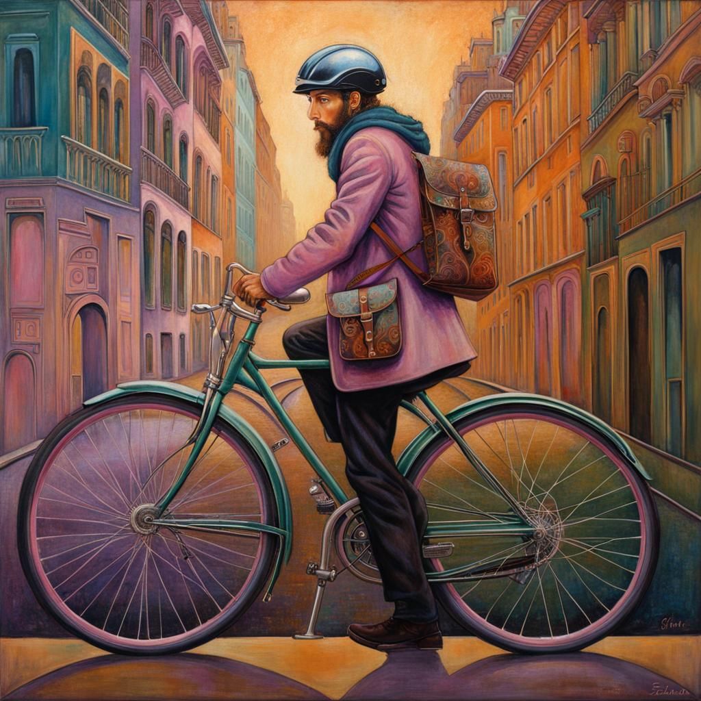 Bicycle Messenger in Urban Scene: Hyperrealistic Portrait