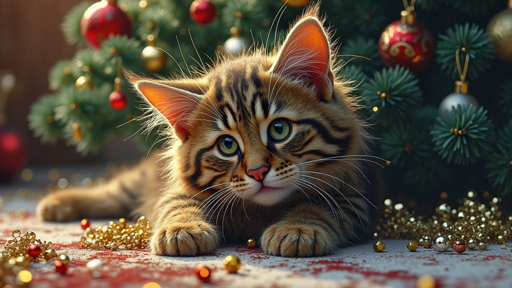 Mischievous Feline Sleighs Christmas Tree in Whimsical Mixed...