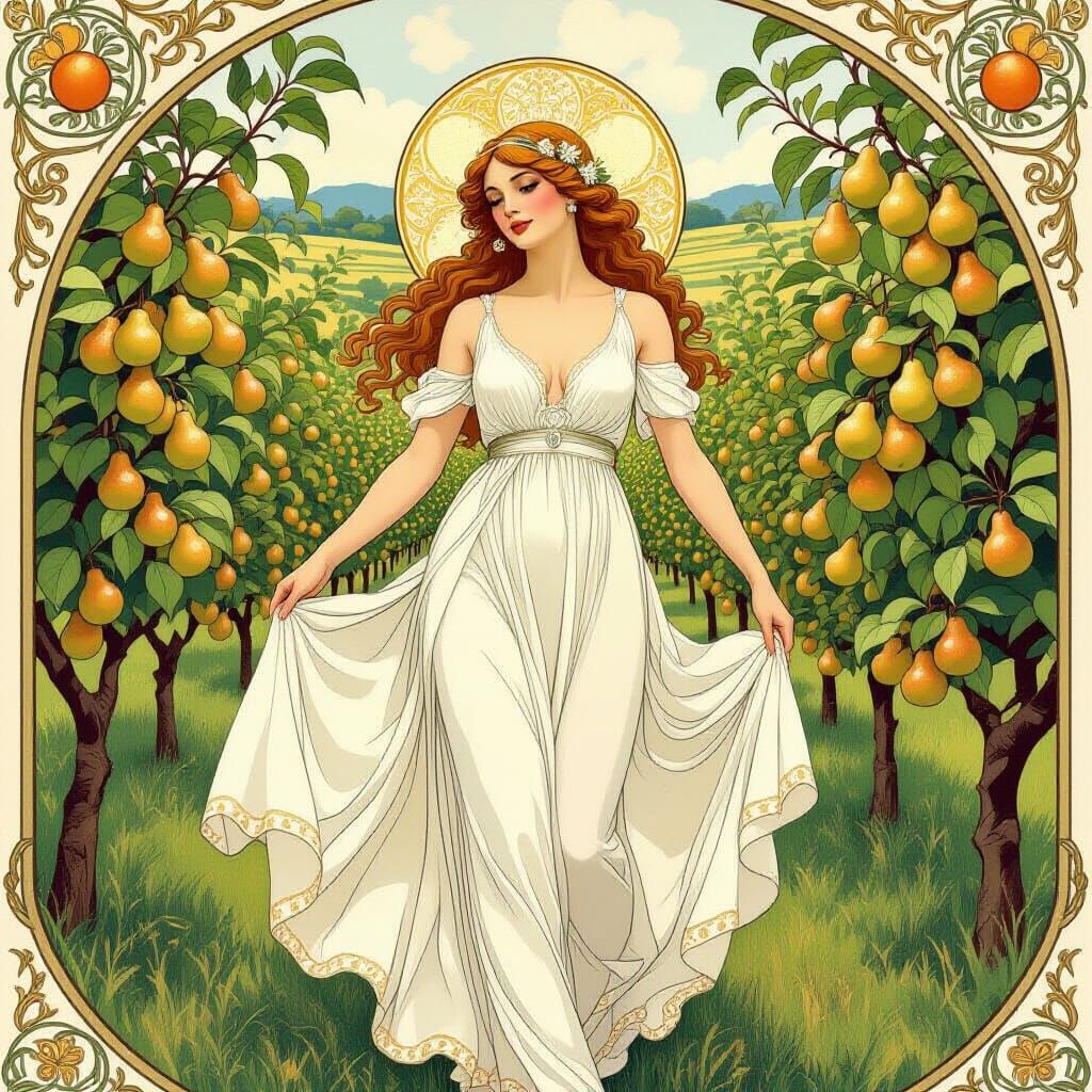 Pear Goddess in French Orchard, Mucha Style