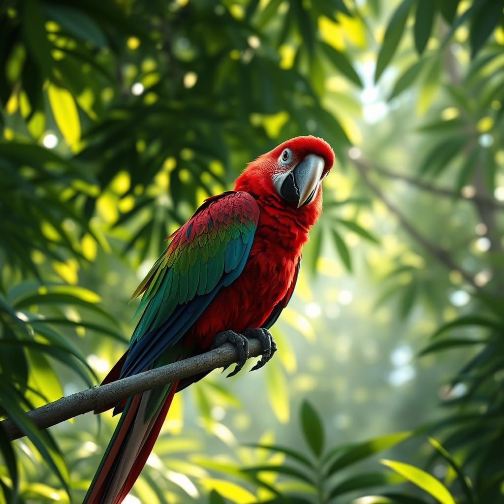 Vibrant Red-Plumed Parrot in Lush Rainforest