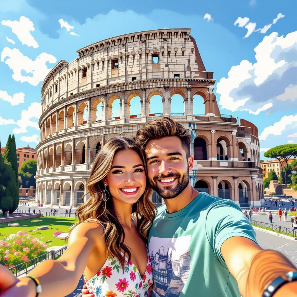 Romantic Selfie at the Colosseum: Dreamy Art Style