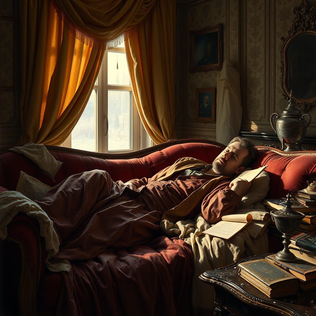 Lethargic Oblomov in 19th Century St. Petersburg Apartment