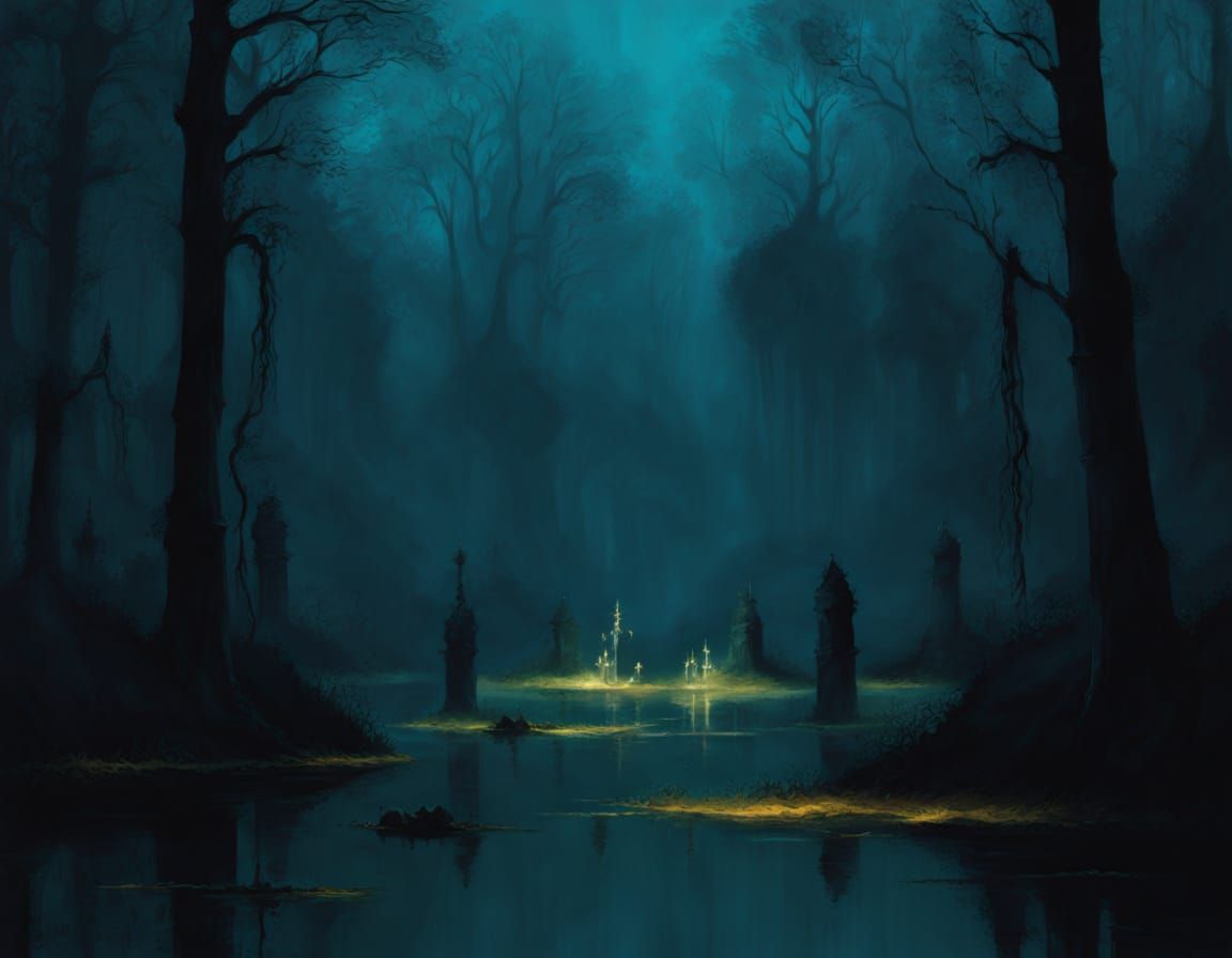 Baroque Oil Painting of Glowing Wisps in Dark Swamp