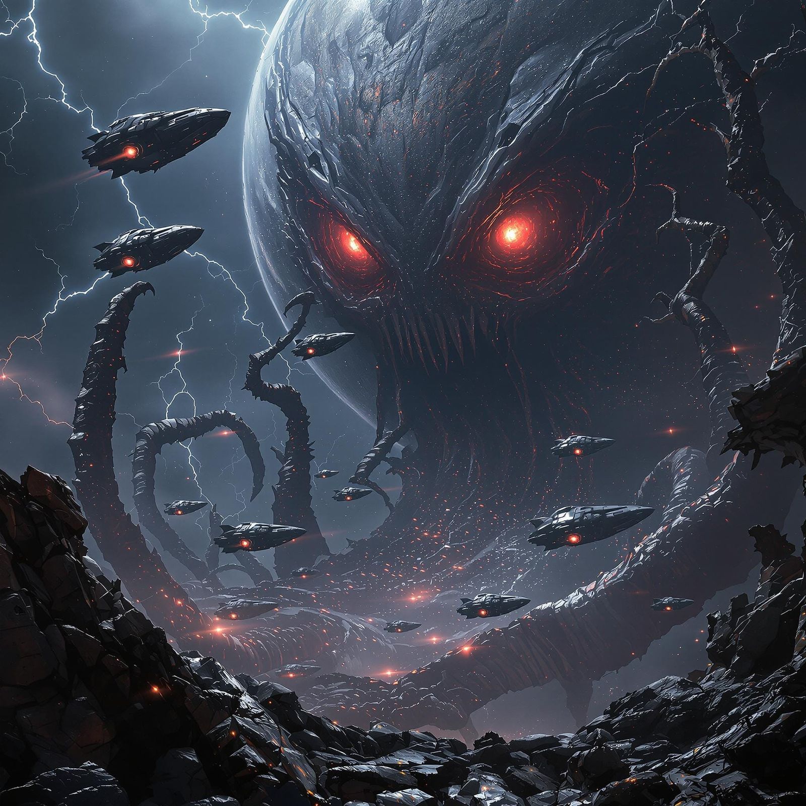 Cyberpunk Spaceships Approach a Twisted, Nightmarish Planet