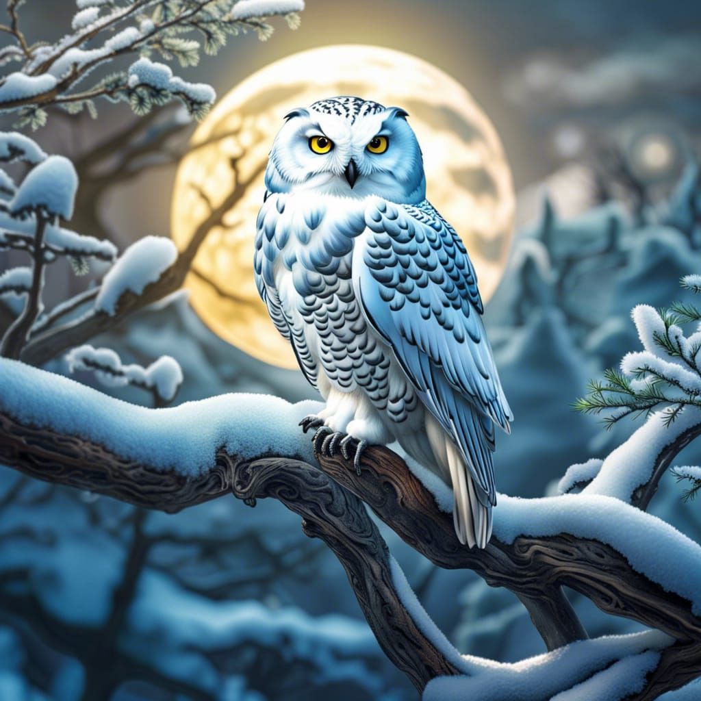 Snow Owl in Glass Sphere with Moon Background