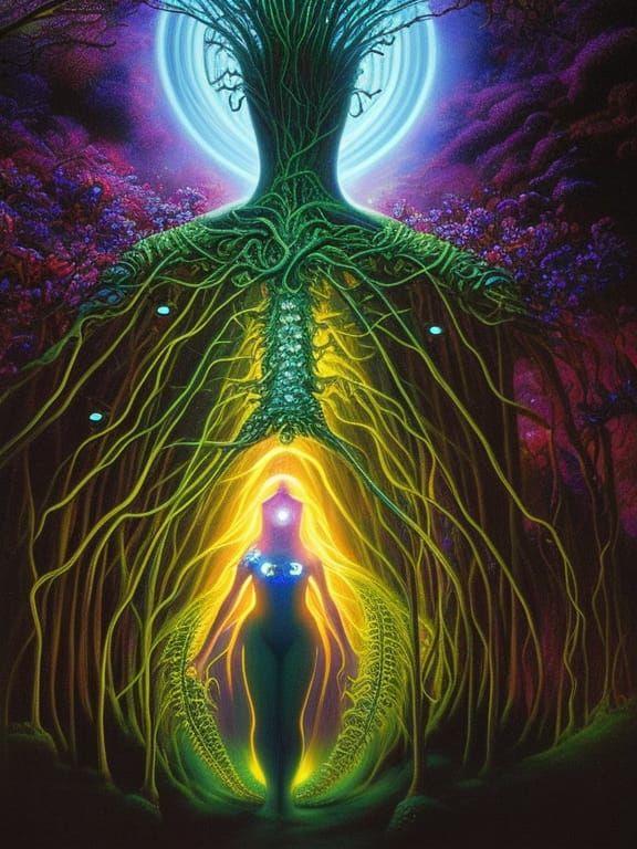 Bioluminescent Fungus Girl in Pre-Raphaelite Style