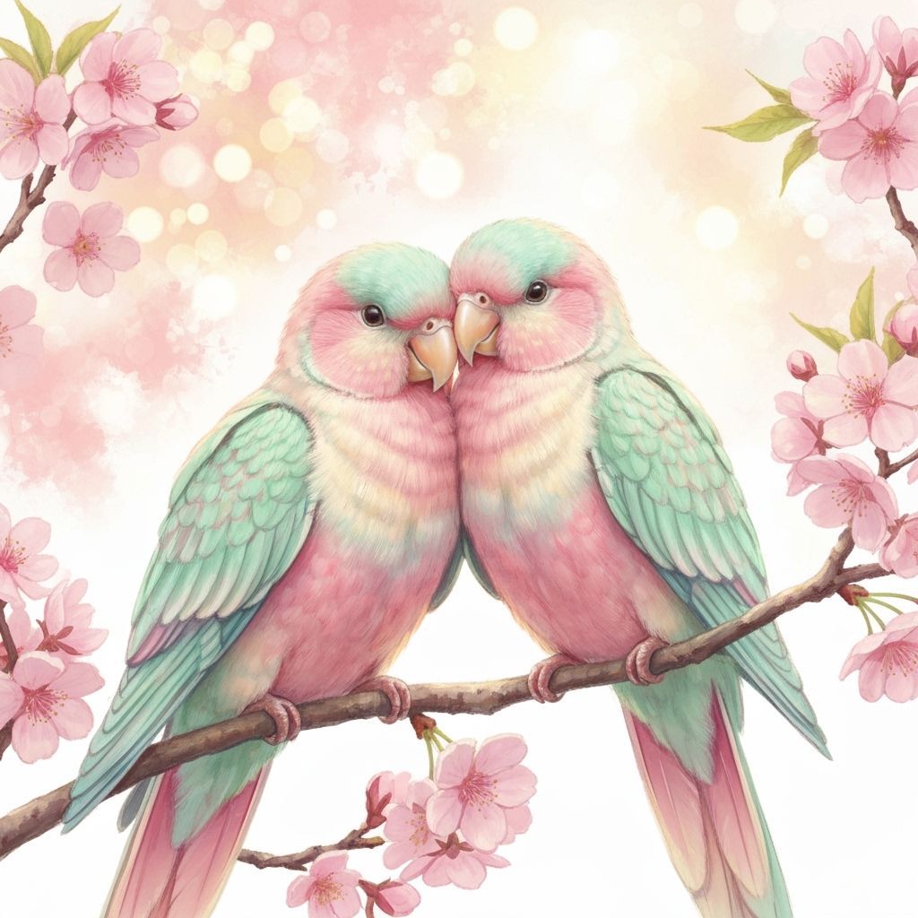 Pastel Parrots on Cherry Blossom Branch in Impressionist Sty...
