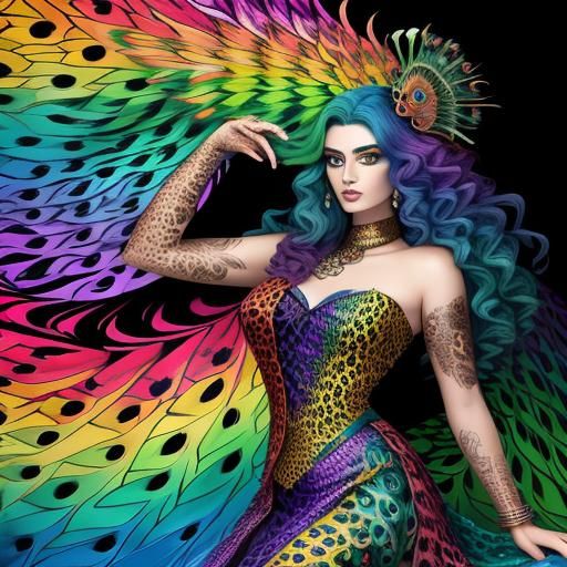 Woman with Dragon Scales and Peacock Hair: Abstract Art