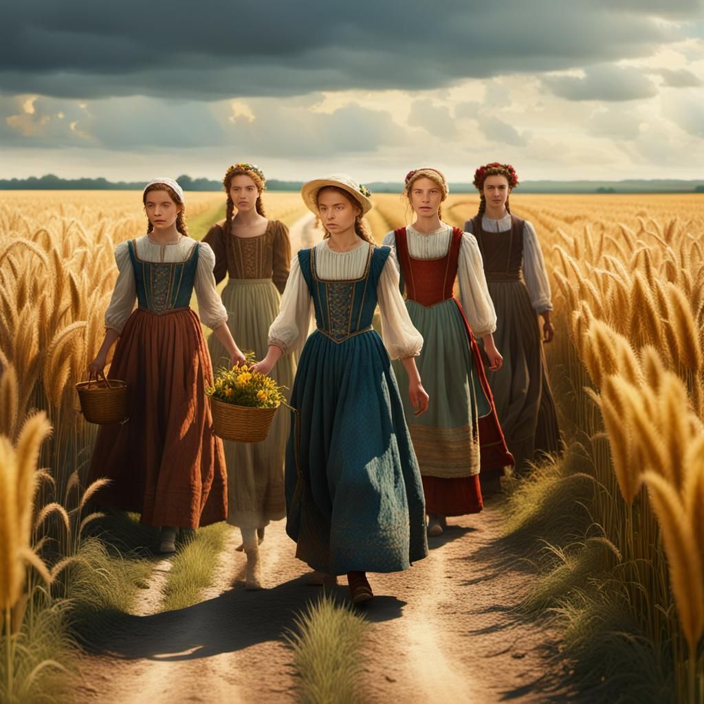 Maidens Gathering Wildflowers in Renaissance Style