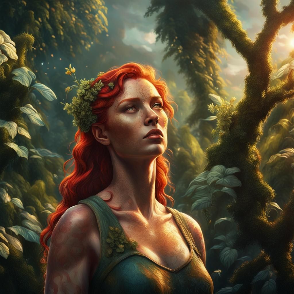 Red-Haired Goddess in Lush Jungle, Hyperrealistic Art