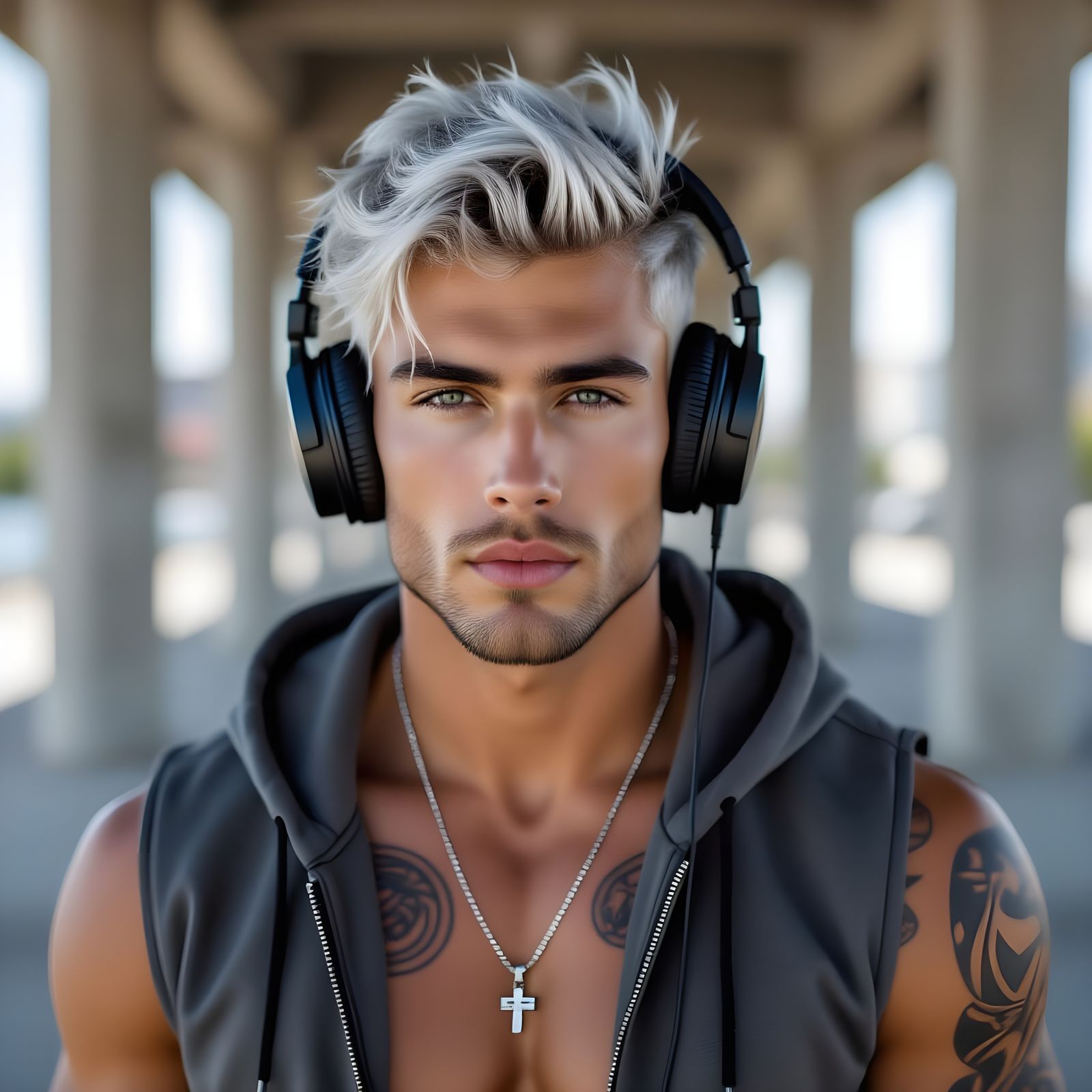 Strikingly Handsome Man with Silver Hair and Tattoo