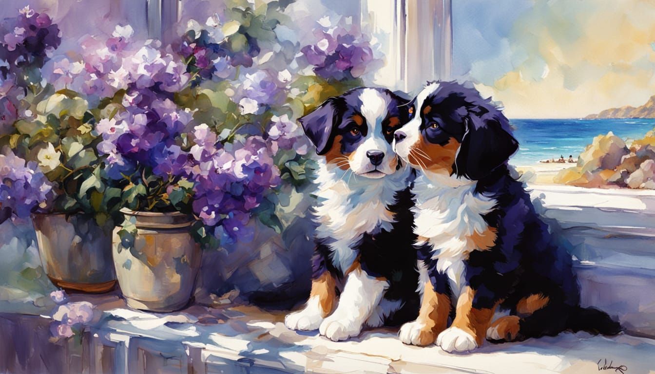 Bernese Puppy & Siamese Kitten on Windowsill with Ocean View