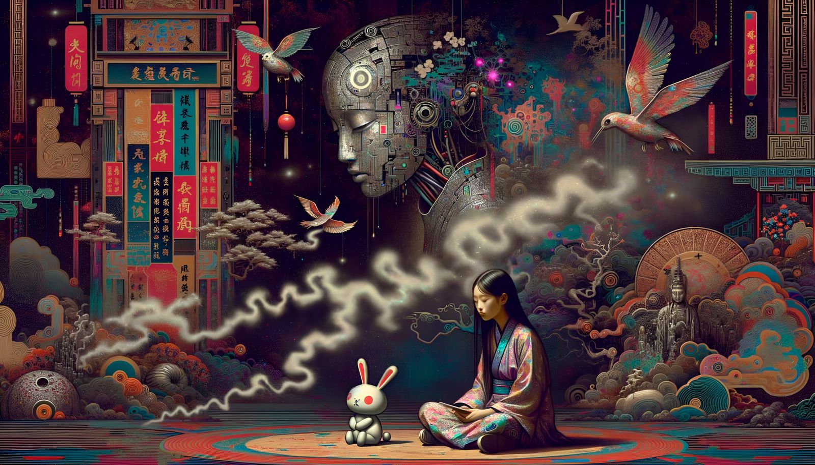 Girl with Bunny in Dark Psychedelic Style