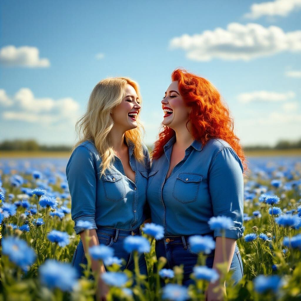 Women Laughing in Blue Flower Field, Photorealistic Style