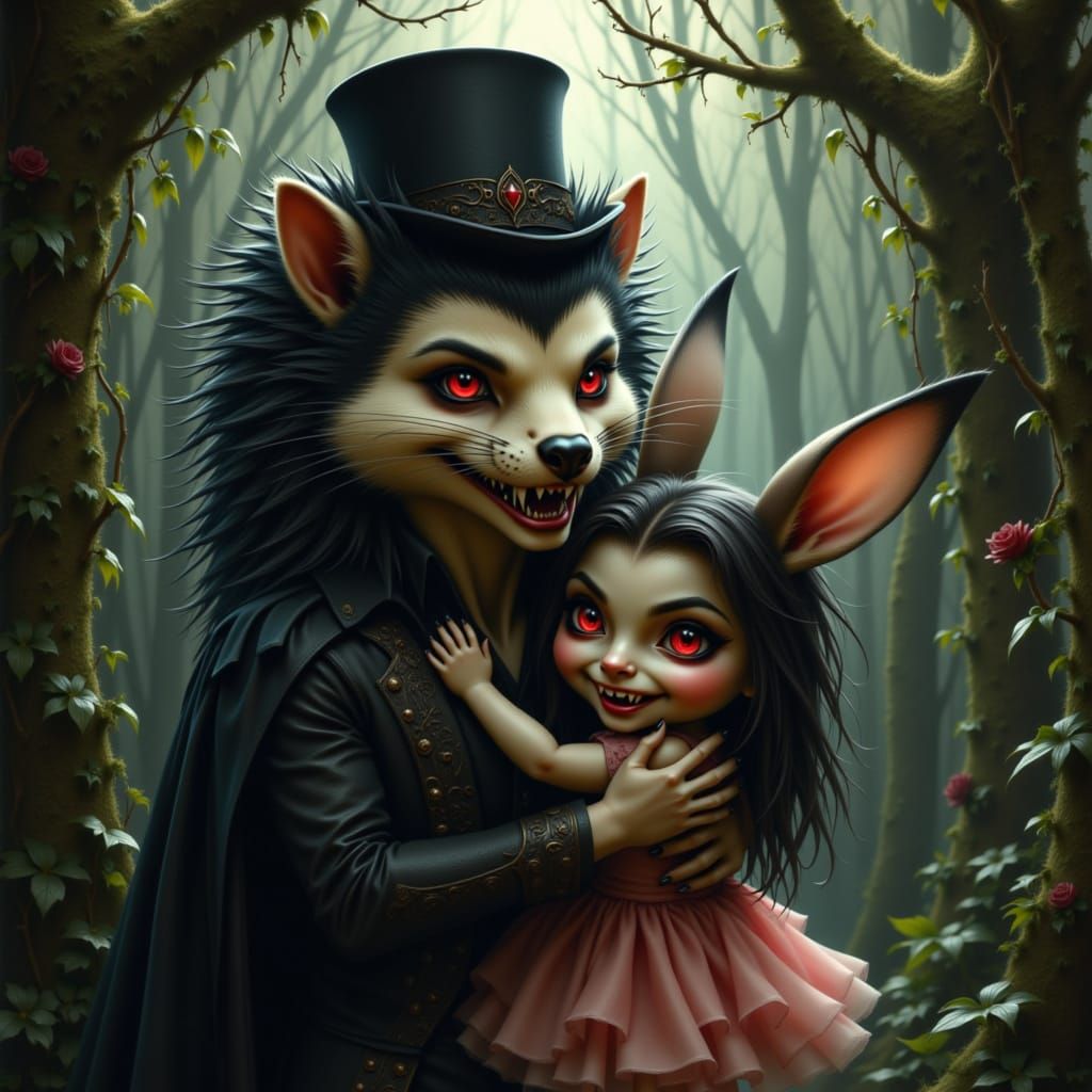 Hedgehog Vampire Embraces Rabbit in Enchanted Forest