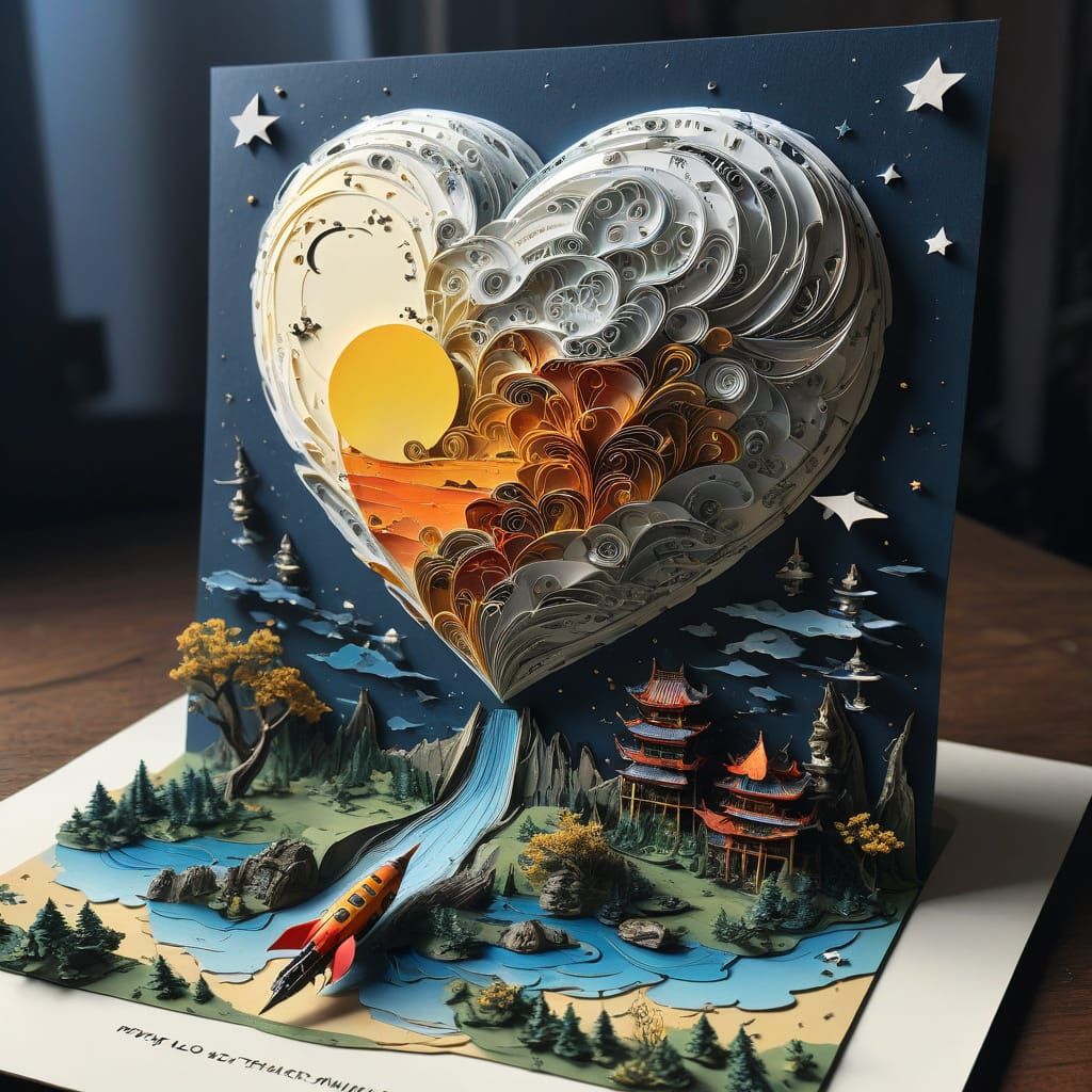 Surreal 3D Heart-Shaped Card with Rocket Blasting Off to Moo...