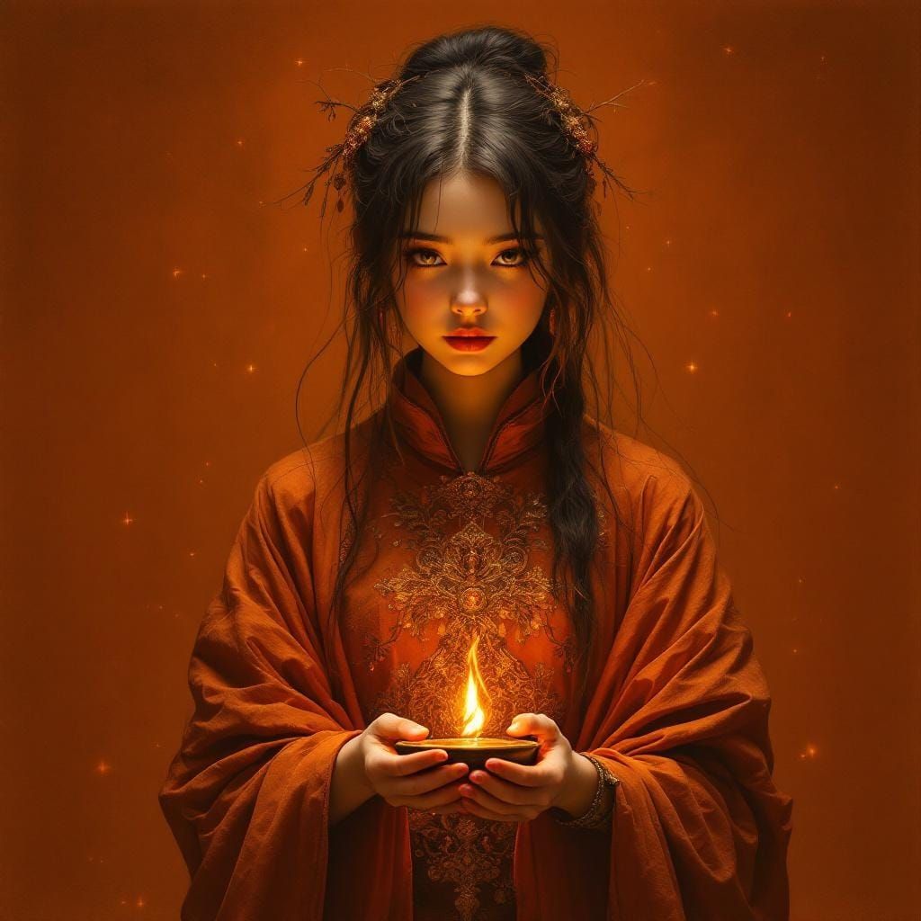 Monochrome Orange Portrait of Girl with Oil Lamp
