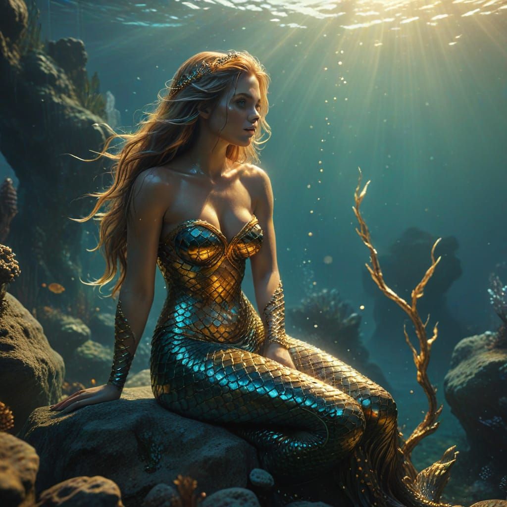 Mythical Mermaid Sits on Ancient Stone
