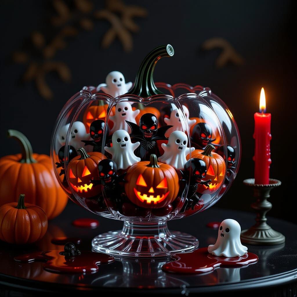 Glass Pumpkin Bowl with Tiny Vampires, Ghosts, and Ghouls