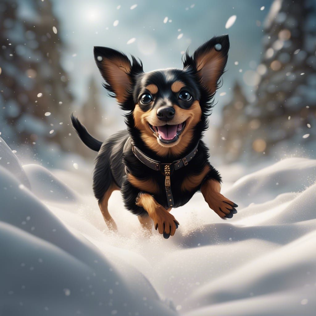 Chiweenie's Joyful Run: A Matte Painting in Snow