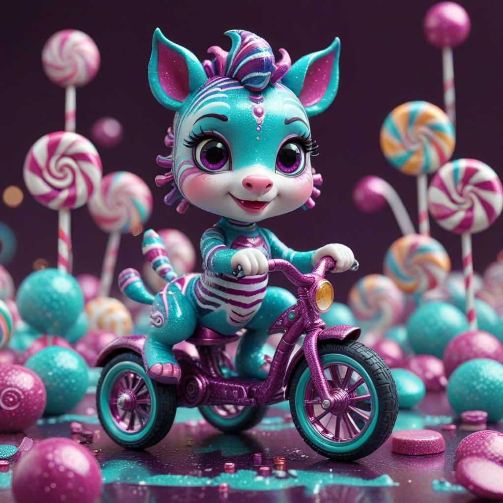 Chibi Zebra Rides Tricycle in Candy Land