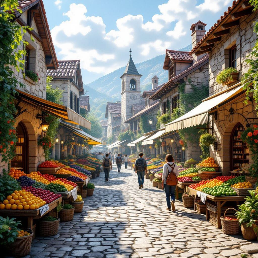 Bustling Village Market with Organic Produce in 3D