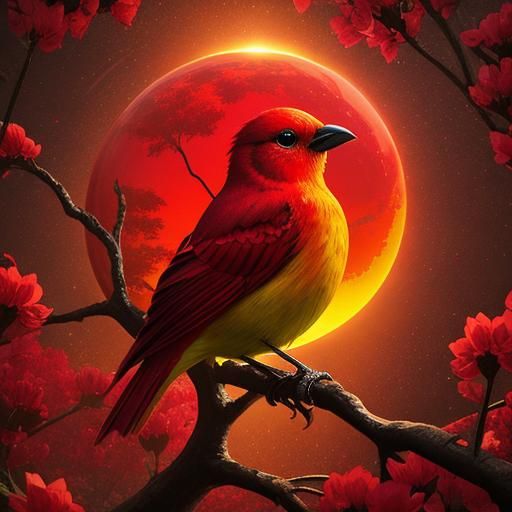 Luminous Red Crystal Bird on Flowering Tree