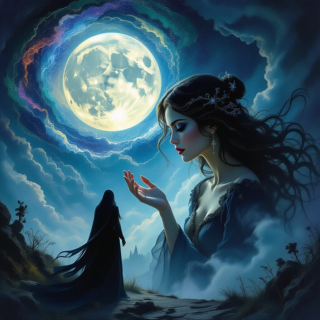 Ethereal Woman Beckons Soul into Cosmic Vortex