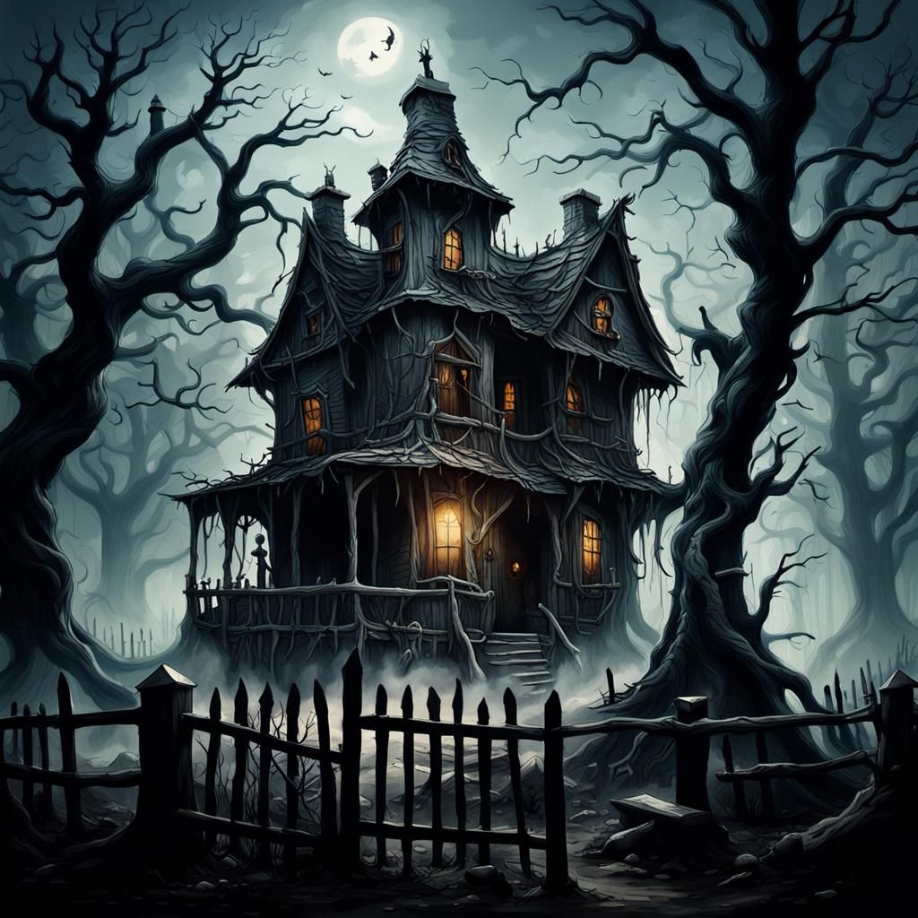 Ominous Witch House in Dark Fantasy Illustration