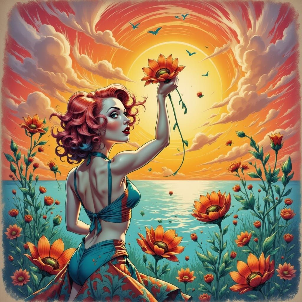 Paint Splatter Flower Girl at Sunset