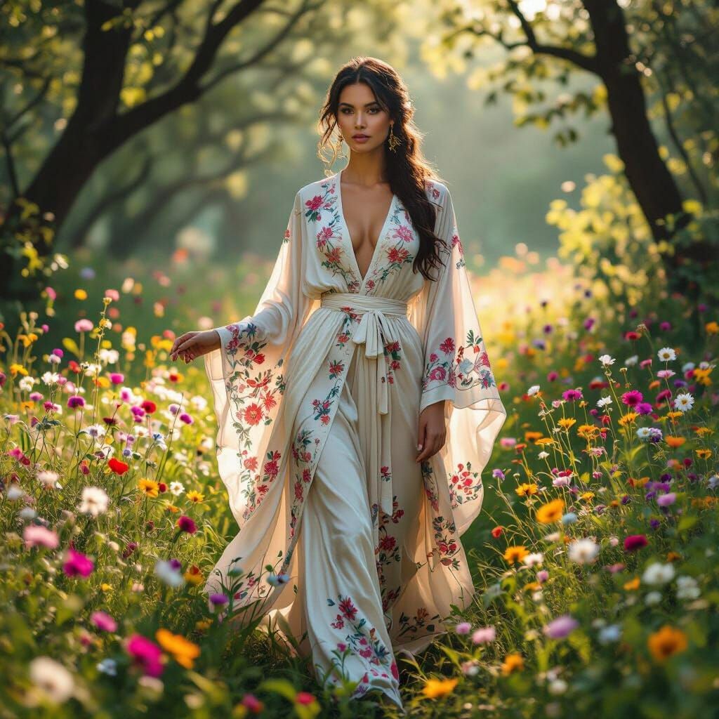 Woman in Sun-Dappled Forest Amidst Wildflowers