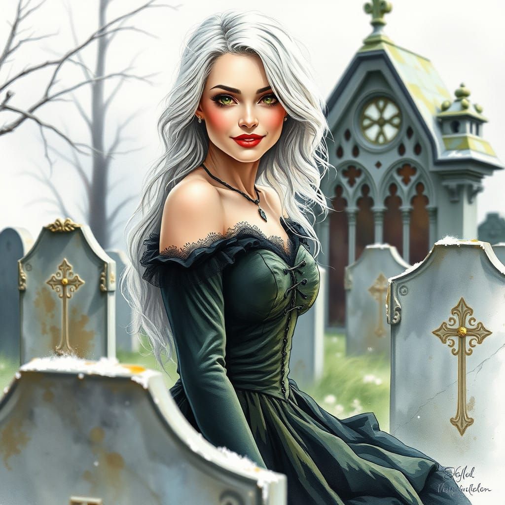 Ethereal Woman on a Tombstone in Vibrant Gouache