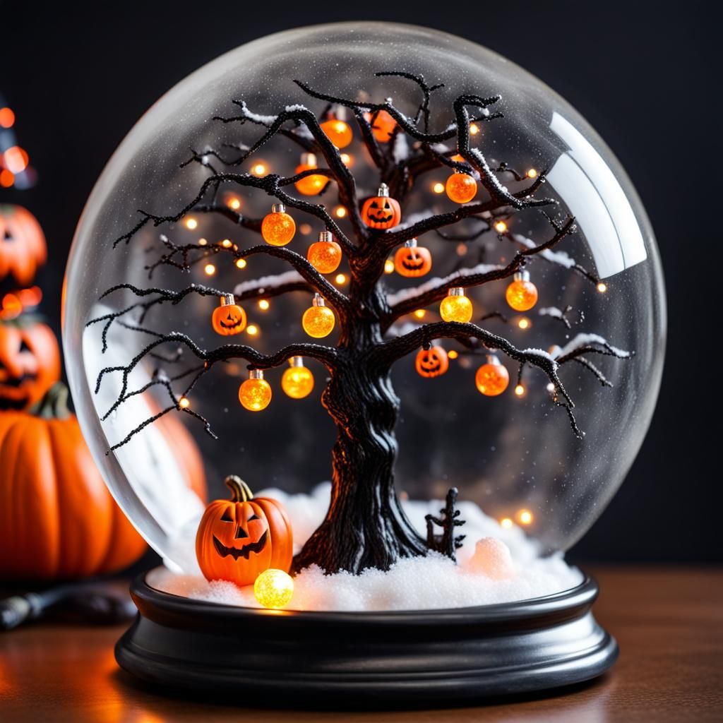 Halloween Tree Lights Up in Snow Globe