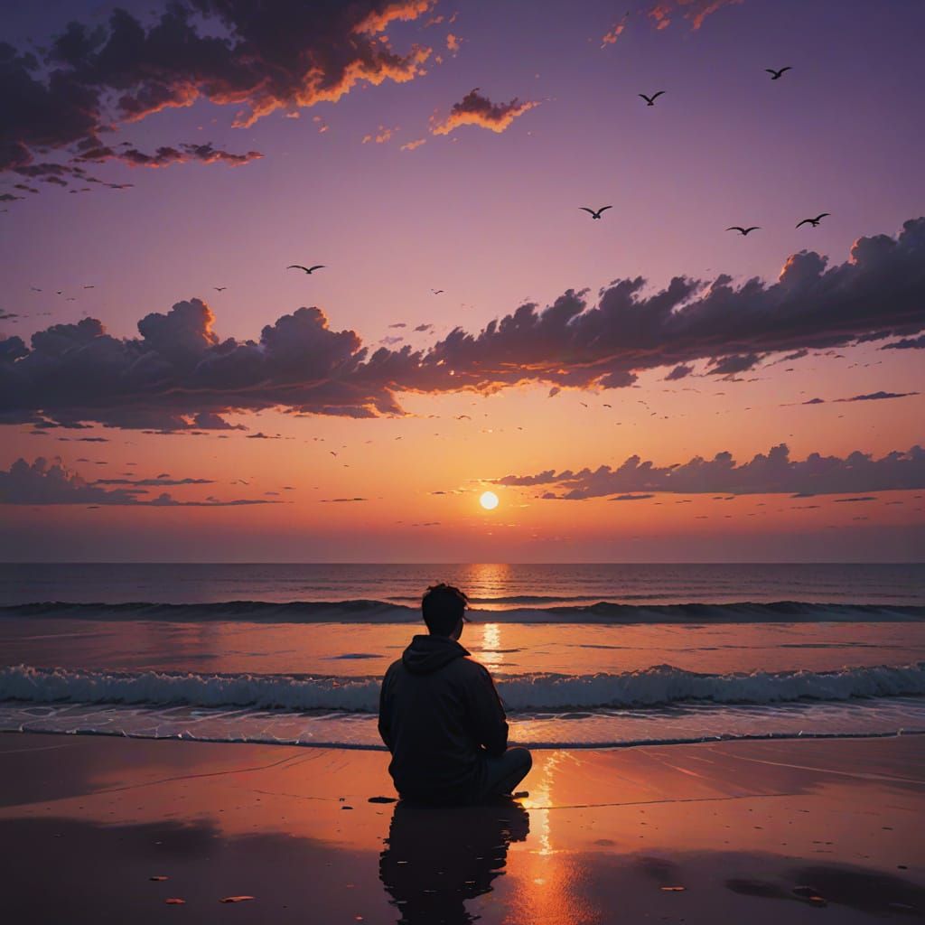 Man Watches Breathtaking Sunset Over Tranquil Ocean