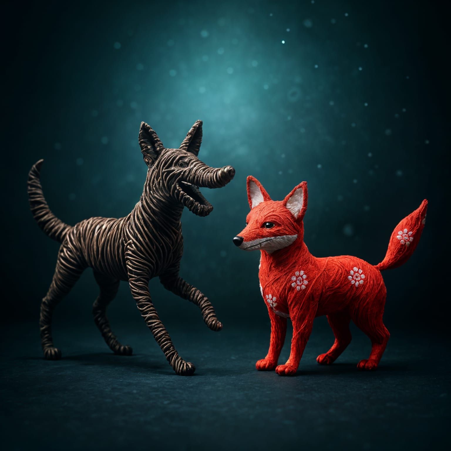 Wire Wolf and String Fox Sculpture