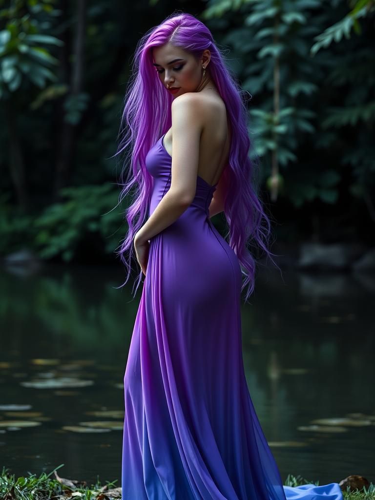 Ethereal Woman with Purple Hair in Dreamy Landscape
