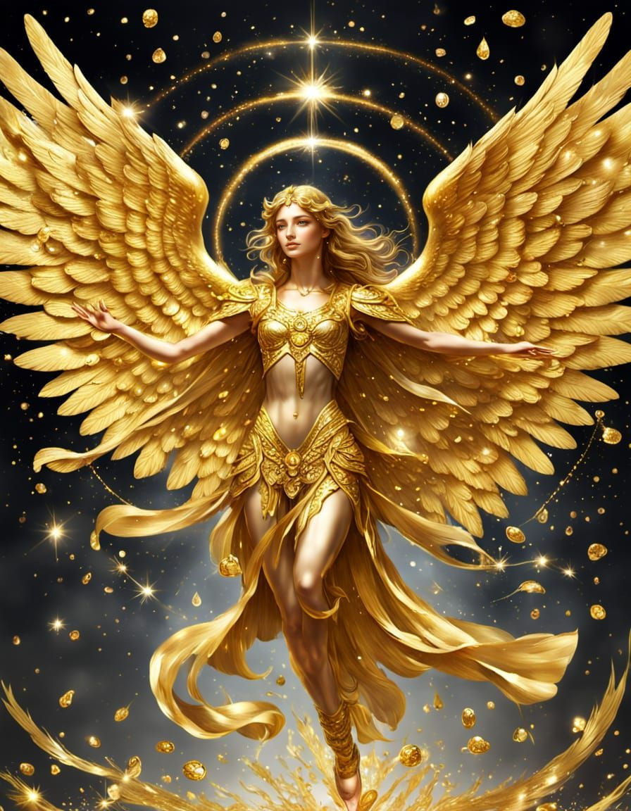 Golden Angel Ascends with Radiant Crystal Wings