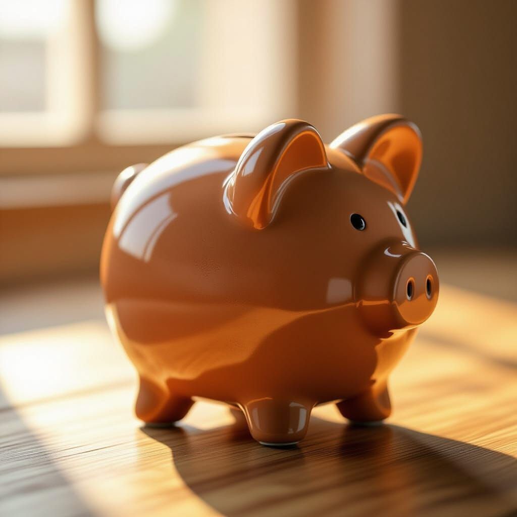 Photorealistic Terracotta Piggy Bank on Wooden Table