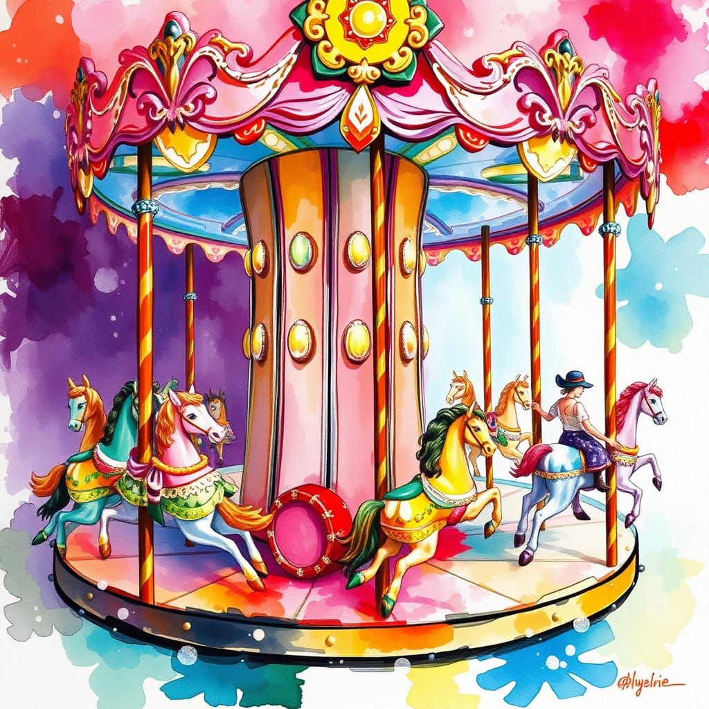 Whimsical Carousel Ice Cream Cart in Impressionist Style